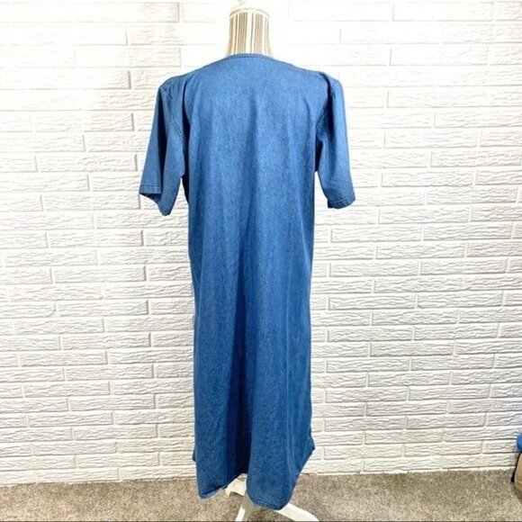 Vintage Blue Denim Maxi Dress Floral Embroidery Size Large - Picture 6 of 6